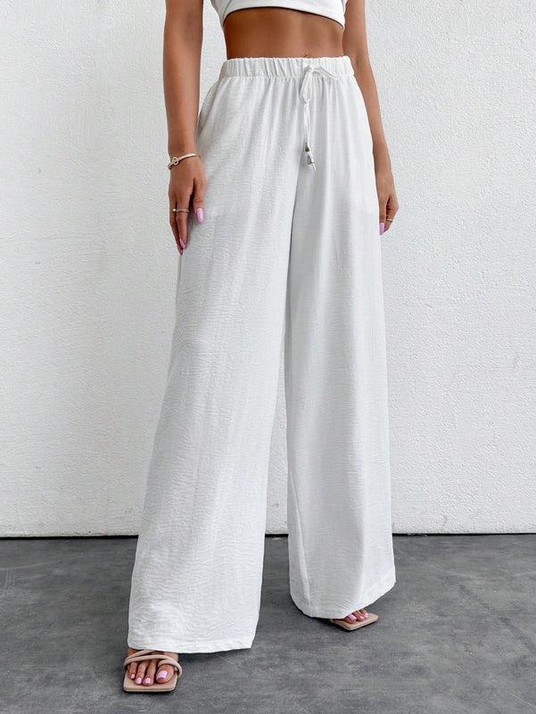 Mujeres pantalones rojos palazzo de pierna ancha con cintura elastica 339