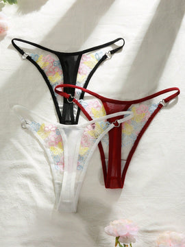 3 piezas conjunto de tangas sexys de tiro bajo bordados dulces