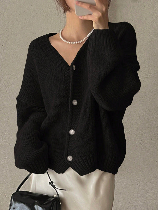 Dazy cardigan holgado de punto de color liso con cuello en v para mujer