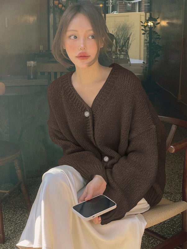Dazy cardigan holgado de punto de color liso con cuello en v para mujer