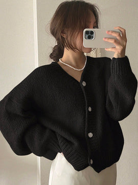 Dazy cardigan holgado de punto de color liso con cuello en v para mujer