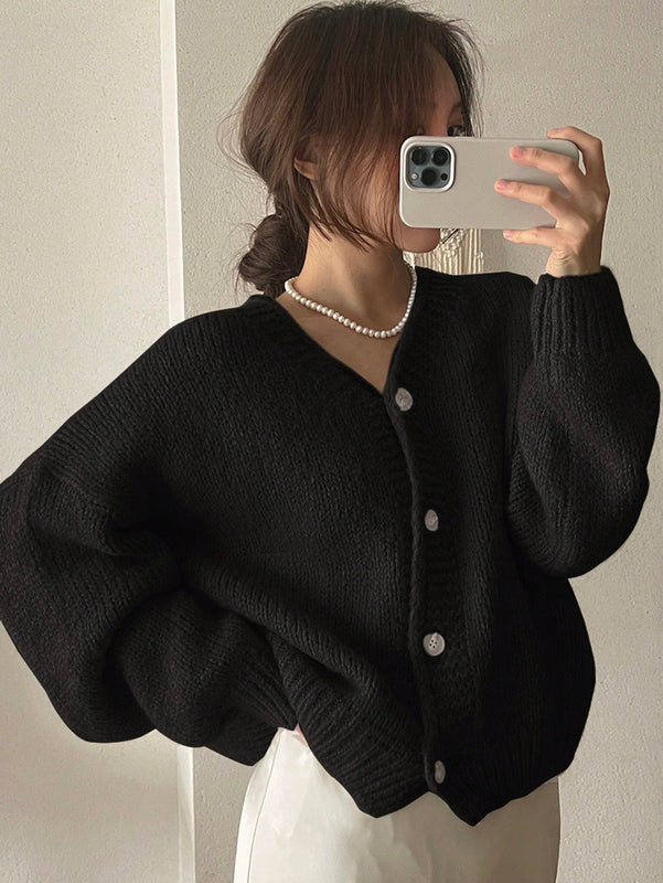 Dazy cardigan holgado de punto de color liso con cuello en v para mujer
