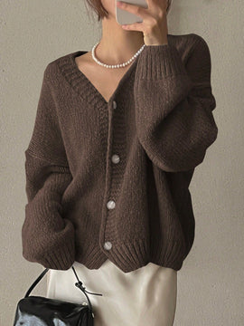 Dazy cardigan holgado de punto de color liso con cuello en v para mujer