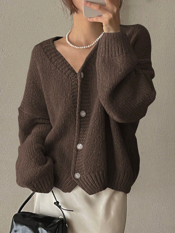 Dazy cardigan holgado de punto de color liso con cuello en v para mujer