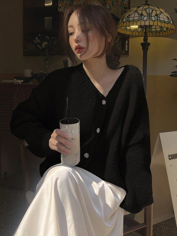 Dazy cardigan holgado de punto de color liso con cuello en v para mujer
