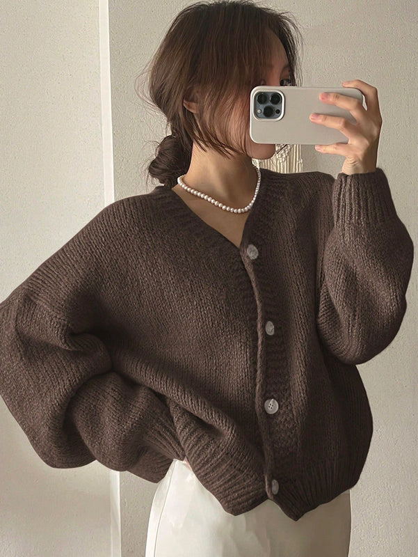 Dazy cardigan holgado de punto de color liso con cuello en v para mujer