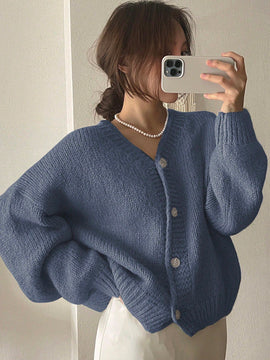 Dazy cardigan holgado de punto de color liso con cuello en v para mujer