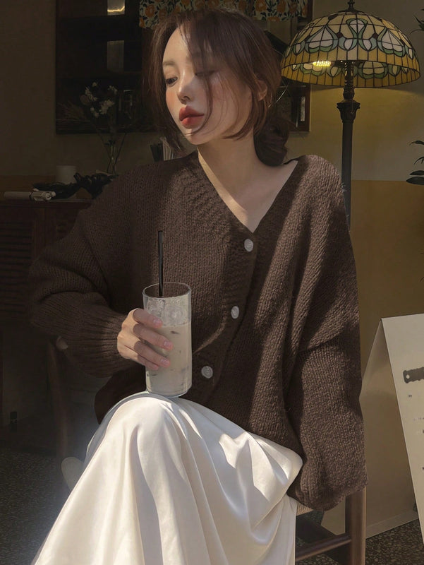 Dazy cardigan holgado de punto de color liso con cuello en v para mujer
