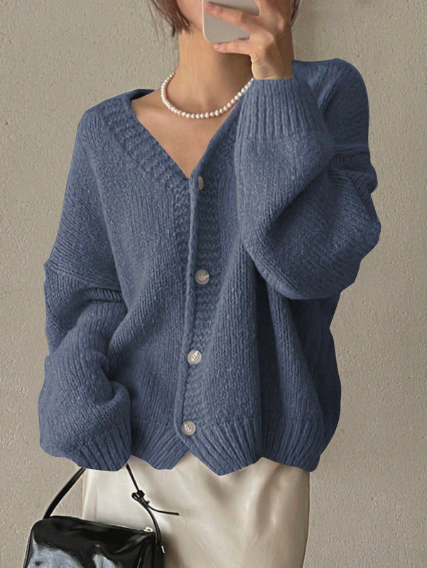 Dazy cardigan holgado de punto de color liso con cuello en v para mujer
