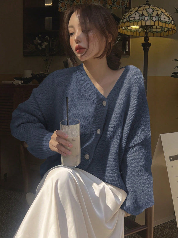 Dazy cardigan holgado de punto de color liso con cuello en v para mujer