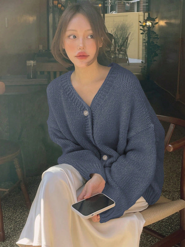 Dazy cardigan holgado de punto de color liso con cuello en v para mujer