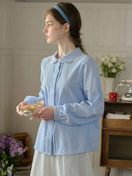 Simple Retro Camisa solida de manga larga con botones para mujer
