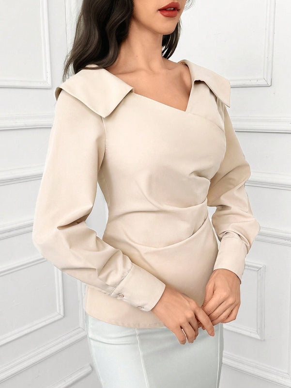 Blusa casual de manga larga con cuello plisado y unicolor para mujer