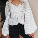 Camisa casual de manga de linterna retorcida con rayas para mujer, primavera y otono