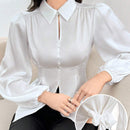 Camisa de trabajo con pliegues plegados de unicolor de manga larga, ajustada a la cintura para mujeres