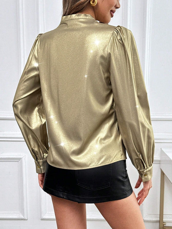 Blusa de mujer de unicolor dorado de tejido cruzado con cuello en V para primavera/verano o otono, manga larga, adecuada para la vida diaria y fiestas, estilo "Old Money", ropa de vuelta al colegio, ropa de maestra