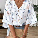 Camisa casual floja con cuello en V y botones de mujer, con estampado romantico de plantas y flores y mangas murcielago, perfecta para vacaciones