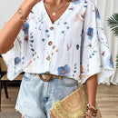 Camisa casual floja con cuello en V y botones de mujer, con estampado romantico de plantas y flores y mangas murcielago, perfecta para vacaciones