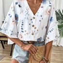 Camisa casual floja con cuello en V y botones de mujer, con estampado romantico de plantas y flores y mangas murcielago, perfecta para vacaciones