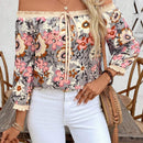 Blusa de vacaciones para mujer con hombros descubiertos, estampado de flores y patron de corte aleatorio