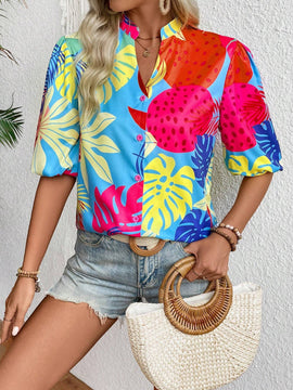 Camisa casual de vacaciones estampada tropical para mujer con escote dividido y mangas de linterna