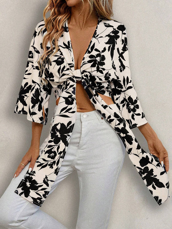 Camisa con estampado floral, manga corta y amarre al frente para mujeres, ideal para vacaciones