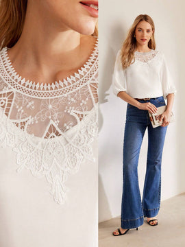 MOTF PREMIUM Blusa de manga globo con cordones y contraste de encaje