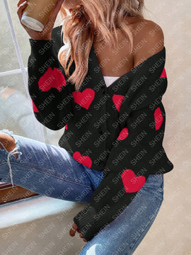 Essnce sueter de cardigan grueso y calido con patron de corazones verdes y blancos para mujer