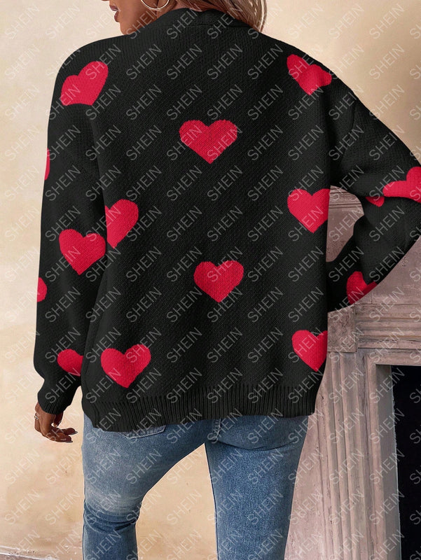 Essnce cardigan informal holgado monobotonadura de manga larga con caida en los hombros y estampado de corazon para mujer, otono/invierno