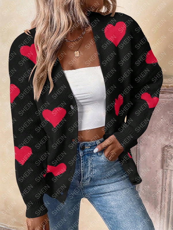 Essnce cardigan informal holgado monobotonadura de manga larga con caida en los hombros y estampado de corazon para mujer, otono/invierno