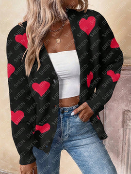 Essnce sueter de cardigan grueso y calido con patron de corazones verdes y blancos para mujer