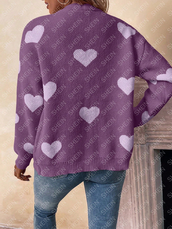 Essnce cardigan informal holgado monobotonadura de manga larga con caida en los hombros y estampado de corazon para mujer, otono/invierno