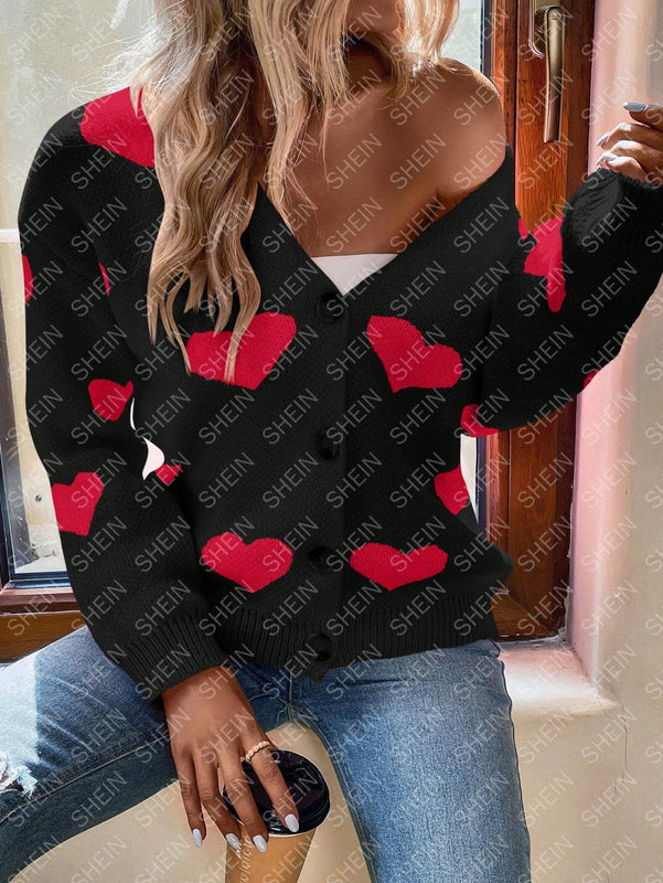 Essnce cardigan informal holgado monobotonadura de manga larga con caida en los hombros y estampado de corazon para mujer, otono/invierno