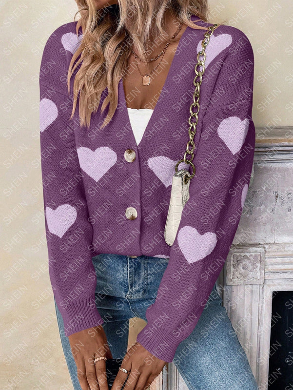 Essnce sueter de cardigan grueso y calido con patron de corazones verdes y blancos para mujer