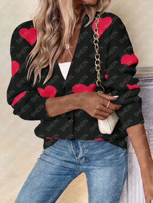 Essnce cardigan informal holgado monobotonadura de manga larga con caida en los hombros y estampado de corazon para mujer, otono/invierno