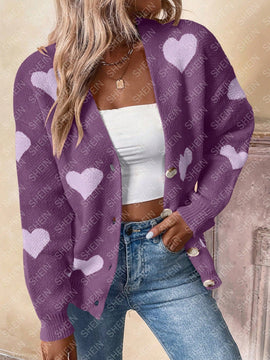 Essnce sueter de cardigan grueso y calido con patron de corazones verdes y blancos para mujer