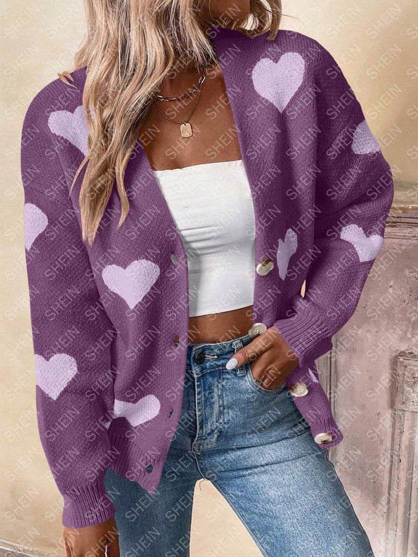 Essnce cardigan informal holgado monobotonadura de manga larga con caida en los hombros y estampado de corazon para mujer, otono/invierno