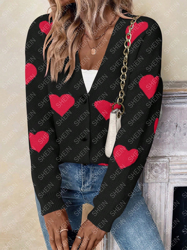 Essnce cardigan informal holgado monobotonadura de manga larga con caida en los hombros y estampado de corazon para mujer, otono/invierno