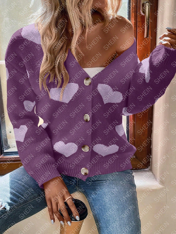 Essnce cardigan informal holgado monobotonadura de manga larga con caida en los hombros y estampado de corazon para mujer, otono/invierno
