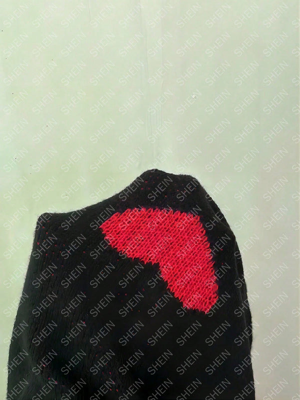 Essnce cardigan informal holgado monobotonadura de manga larga con caida en los hombros y estampado de corazon para mujer, otono/invierno