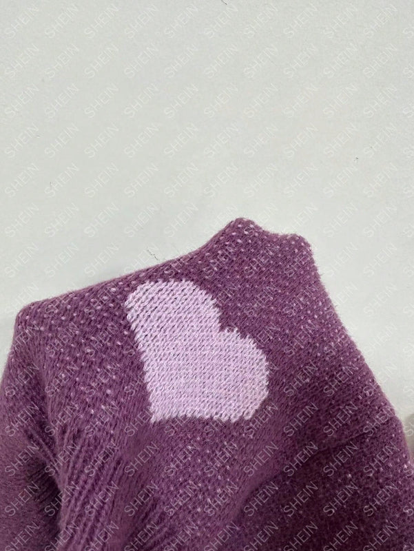 Essnce cardigan informal holgado monobotonadura de manga larga con caida en los hombros y estampado de corazon para mujer, otono/invierno