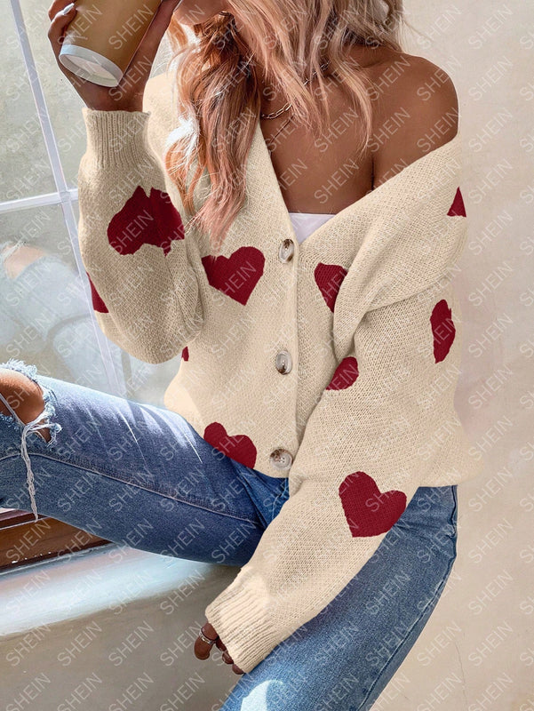 Essnce cardigan informal holgado monobotonadura de manga larga con caida en los hombros y estampado de corazon para mujer, otono/invierno