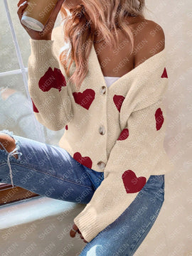 Essnce sueter de cardigan grueso y calido con patron de corazones verdes y blancos para mujer