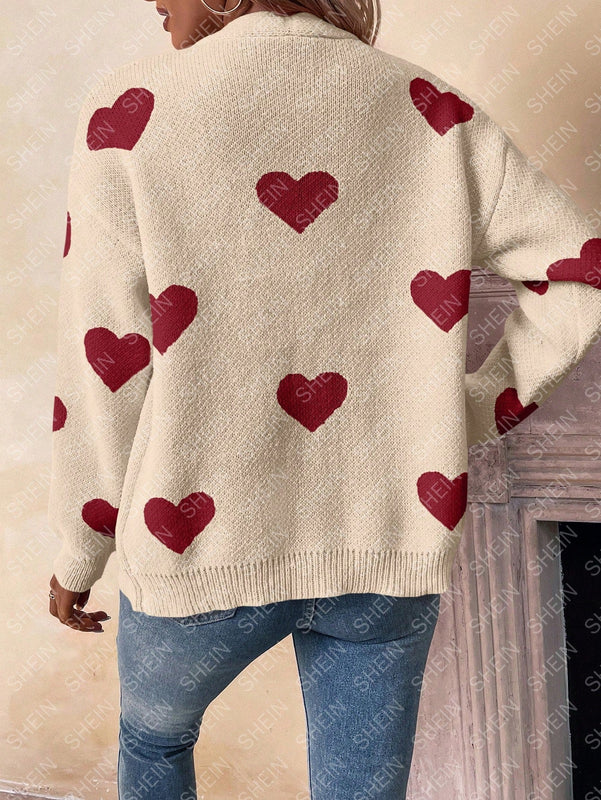 Essnce cardigan informal holgado monobotonadura de manga larga con caida en los hombros y estampado de corazon para mujer, otono/invierno