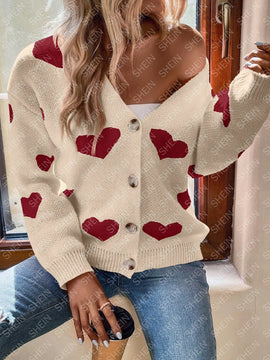 Essnce cardigan informal holgado monobotonadura de manga larga con caida en los hombros y estampado de corazon para mujer, otono/invierno