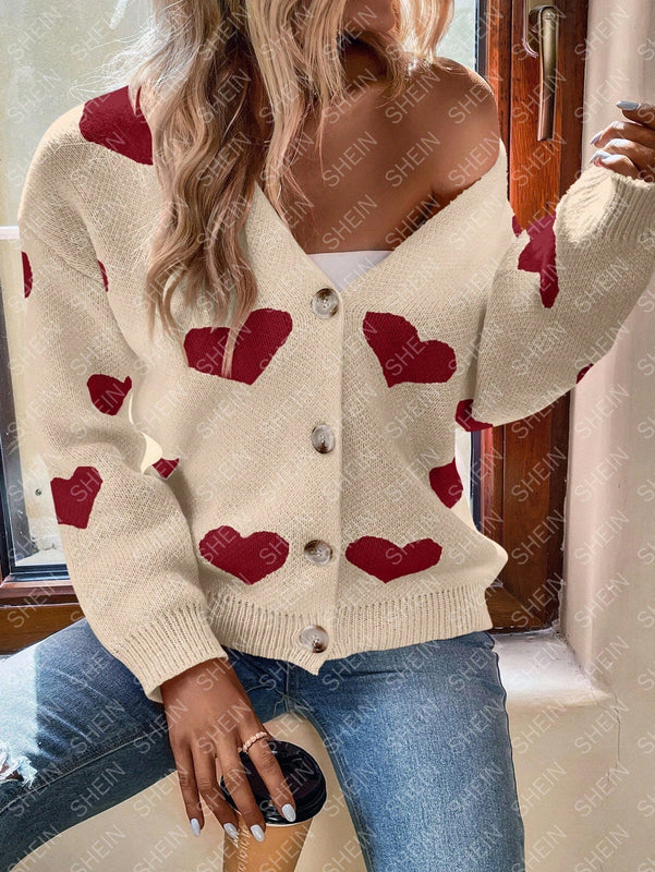 Essnce cardigan informal holgado monobotonadura de manga larga con caida en los hombros y estampado de corazon para mujer, otono/invierno