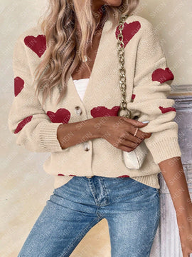 Essnce sueter de cardigan grueso y calido con patron de corazones verdes y blancos para mujer
