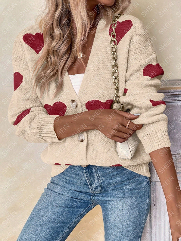 Essnce sueter de cardigan grueso y calido con patron de corazones verdes y blancos para mujer