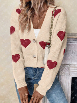 Essnce sueter de cardigan grueso y calido con patron de corazones verdes y blancos para mujer