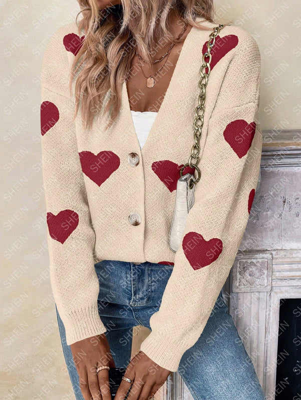 Essnce cardigan informal holgado monobotonadura de manga larga con caida en los hombros y estampado de corazon para mujer, otono/invierno